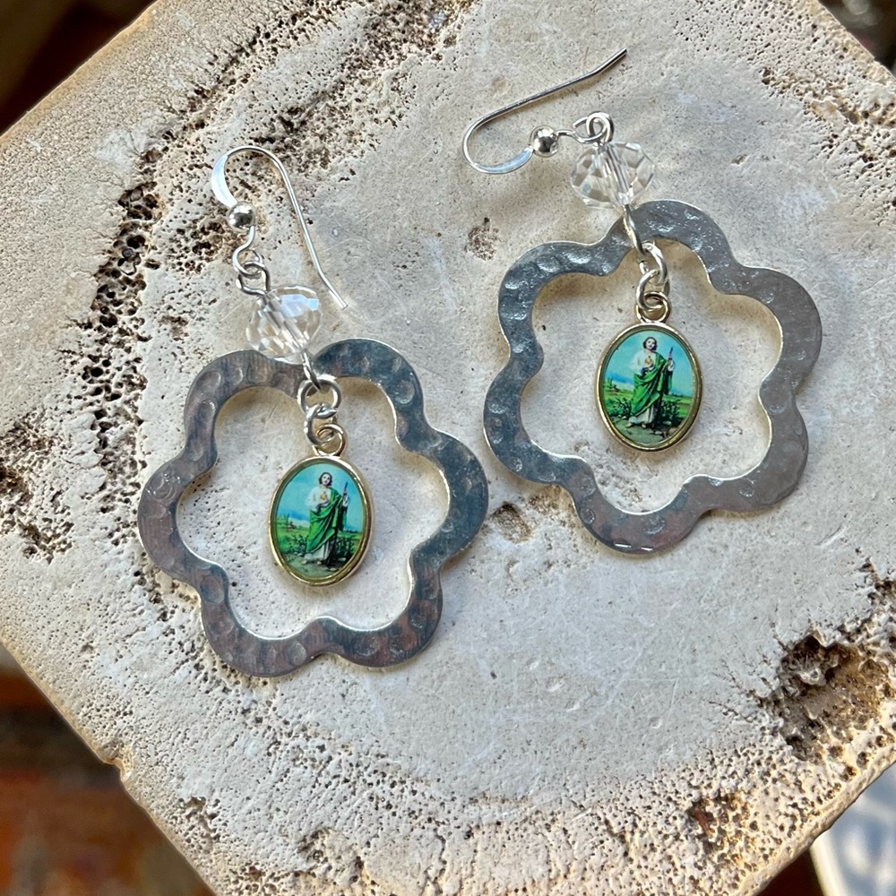 SOLD St. Jude Hammered Silver Dangle Earrings - Picture 5 of 16